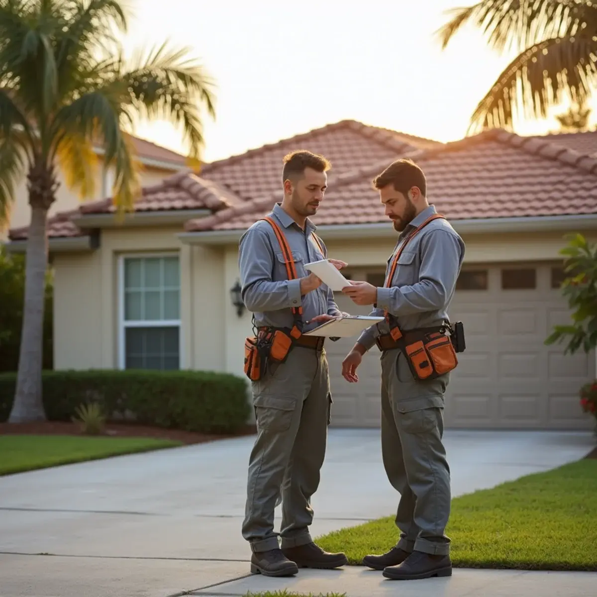 Two local gutter installers reviewing a written quote in the driveway of a Vero Beach, FL home