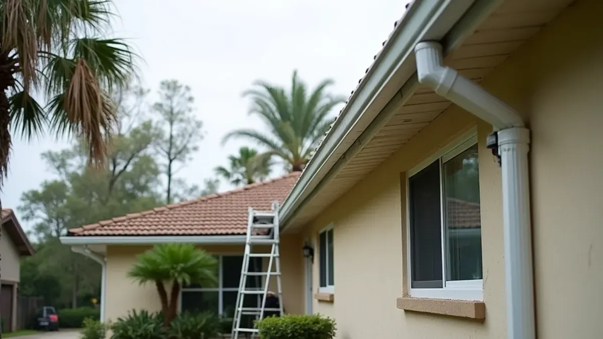 Ladder set up to inspect the gutters on a single-story stucco home in Vero Beach after a storm
