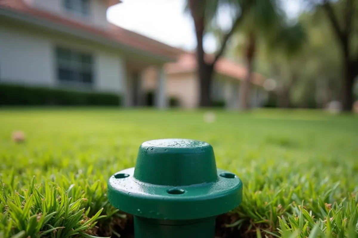 Green pop-up drain emitter set in St. Augustine grass at the end of a buried downspout line in Indian River County