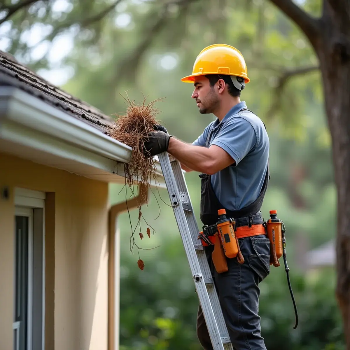 Gutter cleaner removing live oak leaves and pine needles from a gutter on a concrete tile roof home in Vero Beach, FL