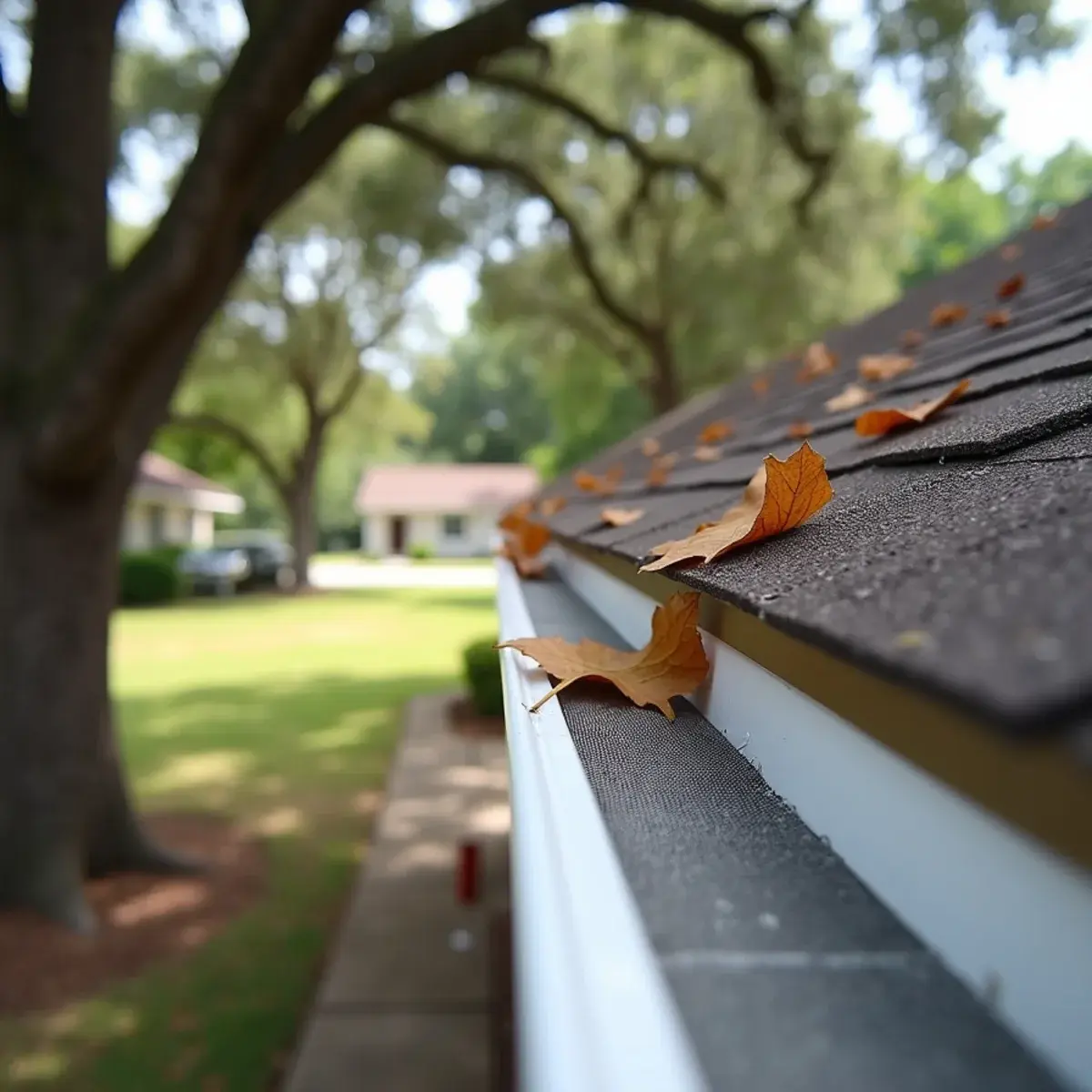 Micro-mesh gutter guards installed on a white aluminum gutter under a live oak canopy at a Vero Beach FL home