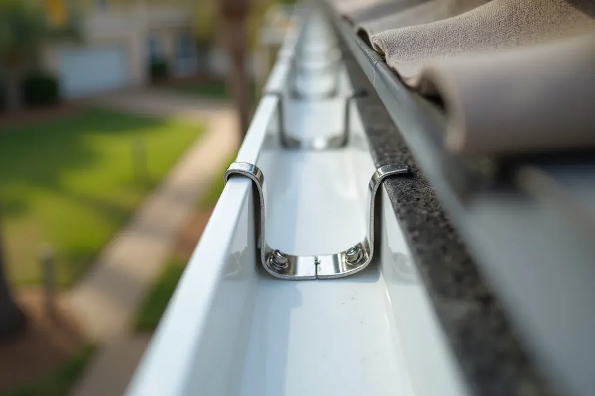 Close-up of a hidden hanger and stainless screw inside a 6-inch K-style gutter under a concrete tile roof edge in Vero Beach