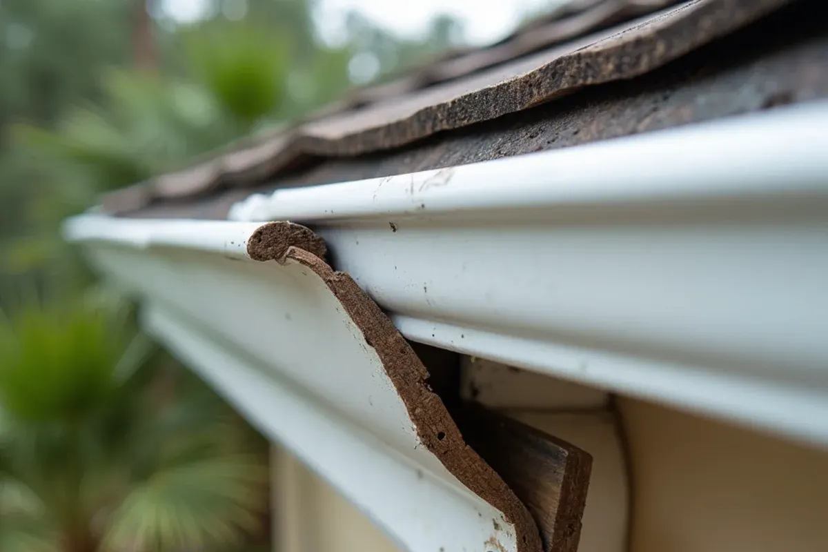 Sagging gutter pulling away from a water-damaged wood fascia board on a Vero Beach house after a summer storm