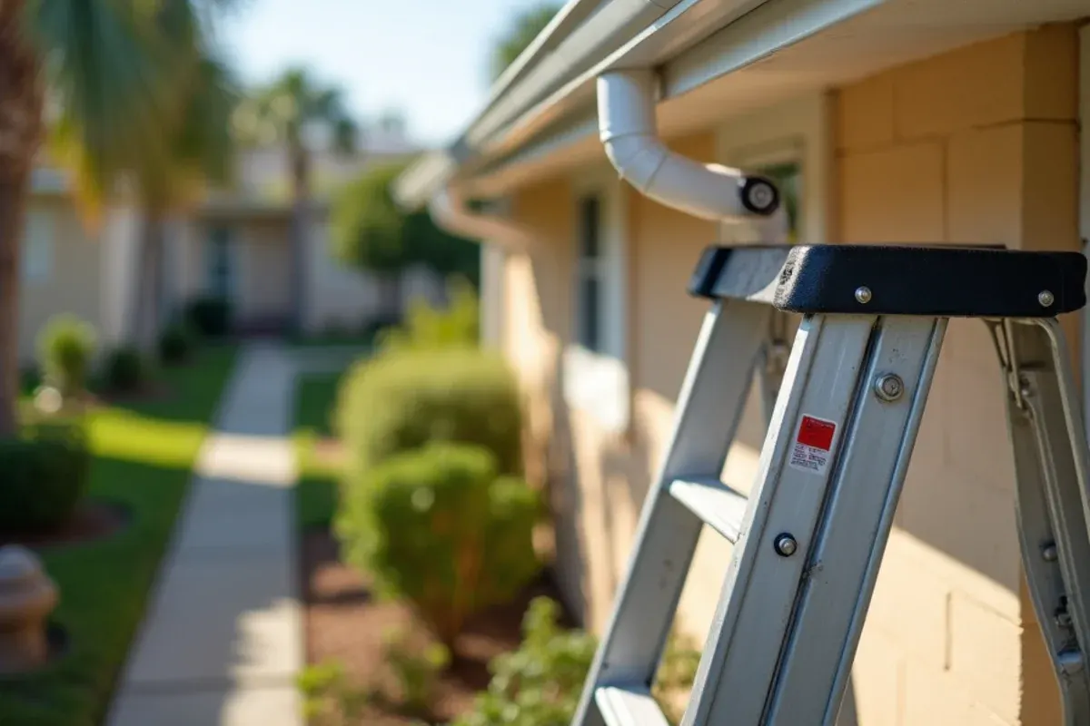 Rehung white aluminum gutter and downspout along the eave of a Vero Beach home after a gutter repair