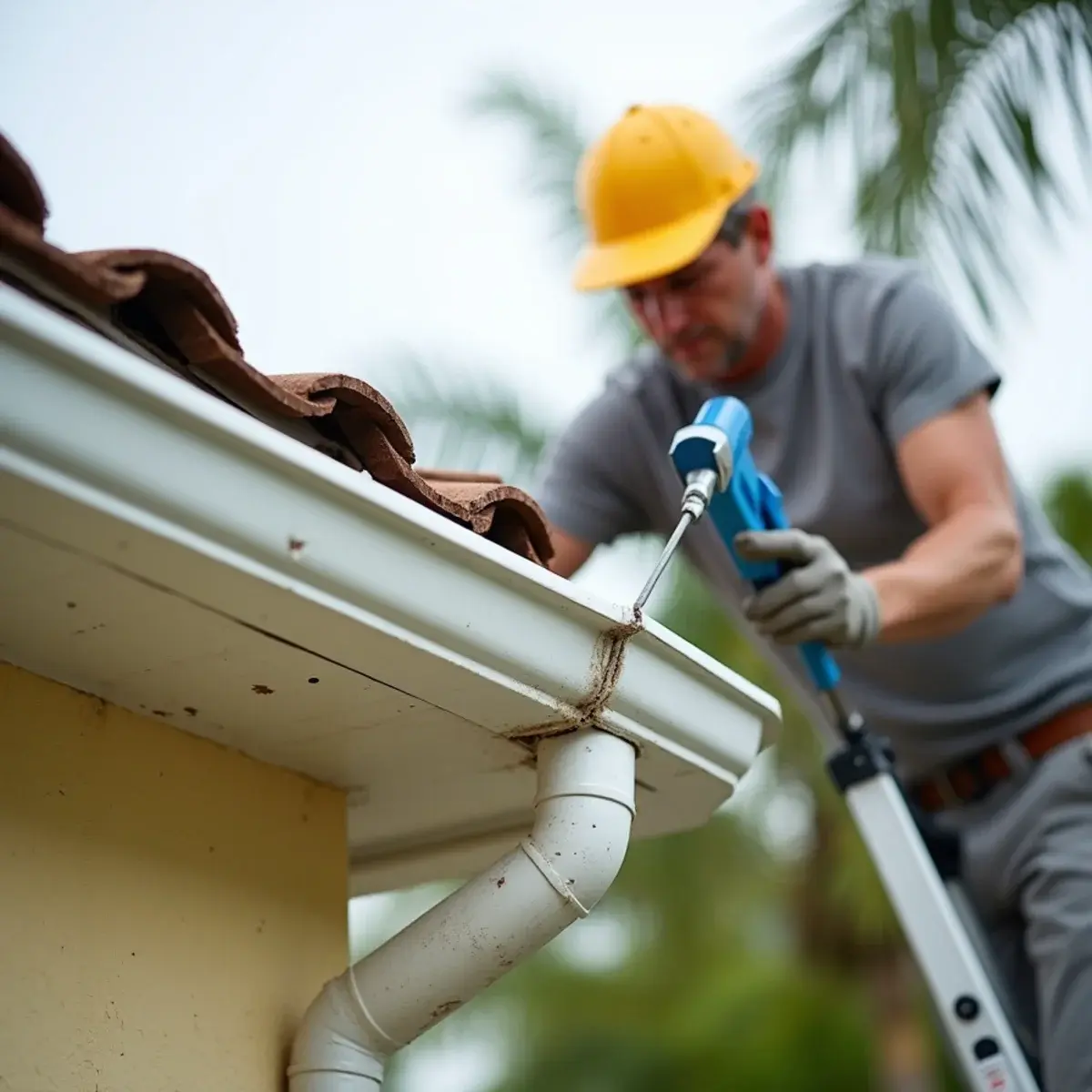 Gutter installer resealing a leaking corner miter on an aluminum gutter at a home in Vero Beach, FL