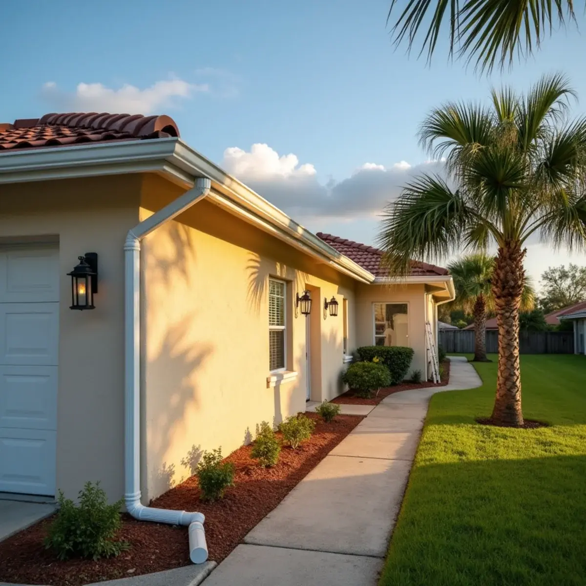 New seamless aluminum gutters on a single-story concrete block home with a tile roof in Vero Beach, FL