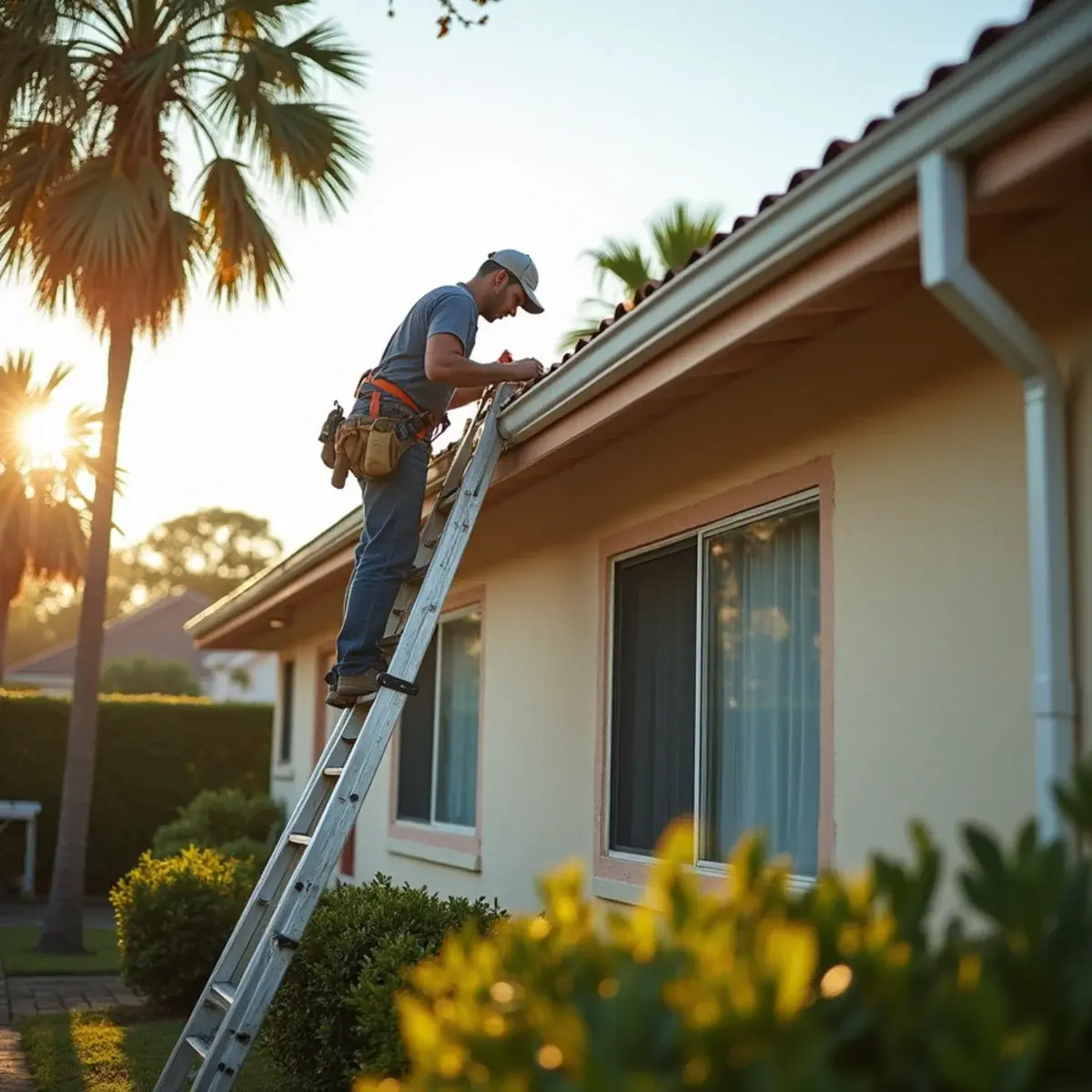 Installer rehanging an aluminum gutter on the fascia of an older block home near downtown Fort Pierce, FL