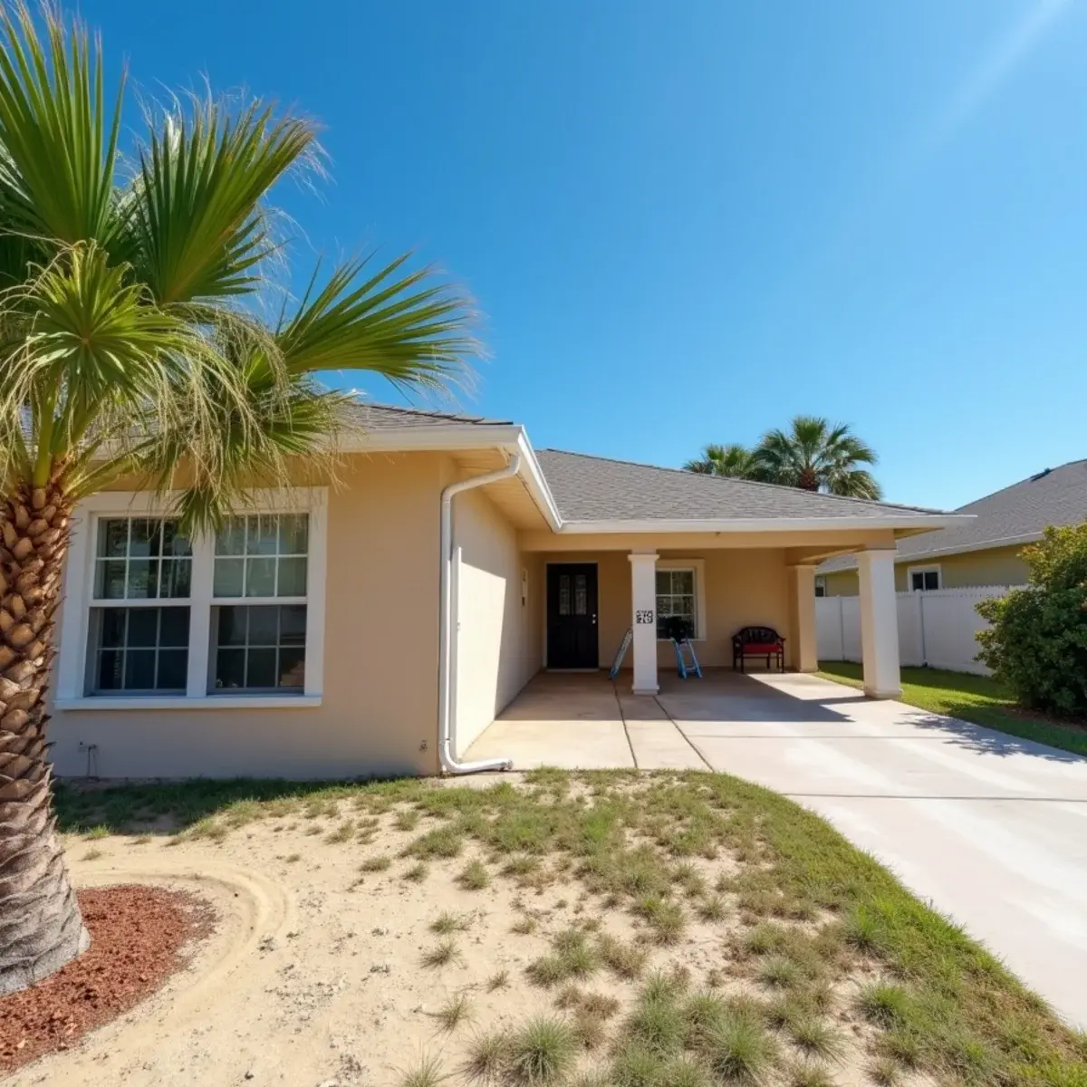 New seamless gutter and downspout on a single-story concrete block home in Lakewood Park, FL