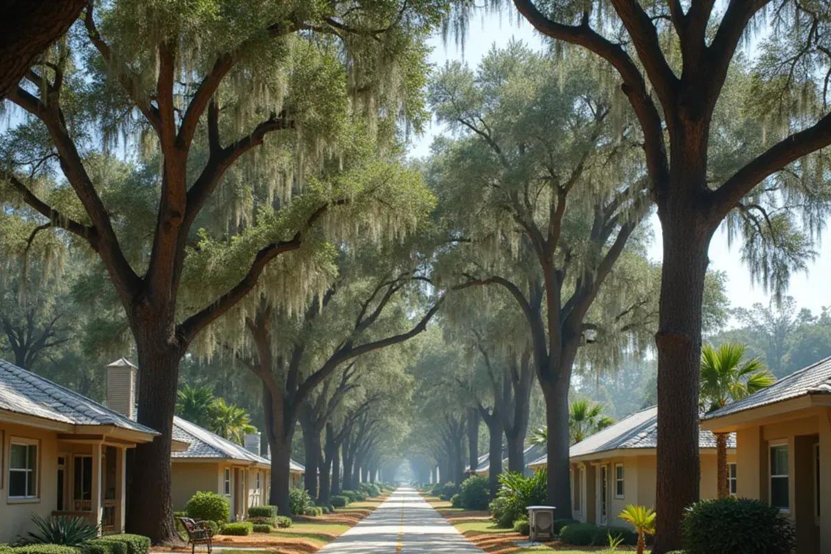 Street of single-story homes under live oaks and pines in Sebastian Highlands, Sebastian, FL